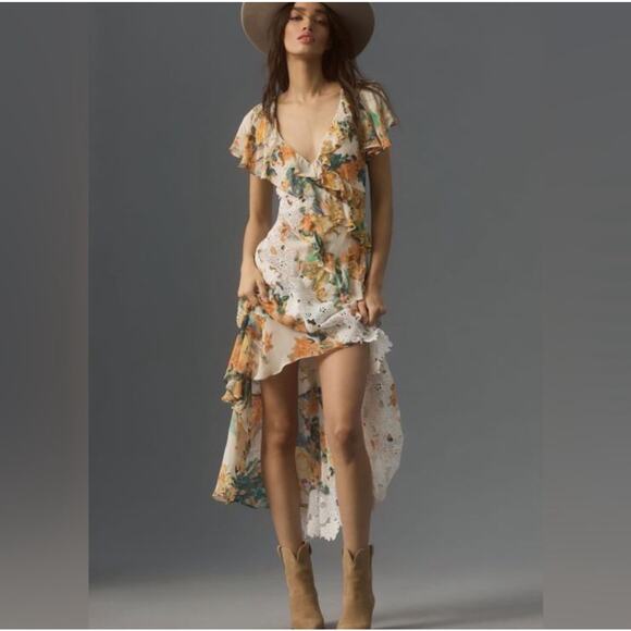 Anthropologie Petites V-Neck Ruffle Lace Midi Dress Size 2P Ivory Bohemian NWT - Picture 13 of 16